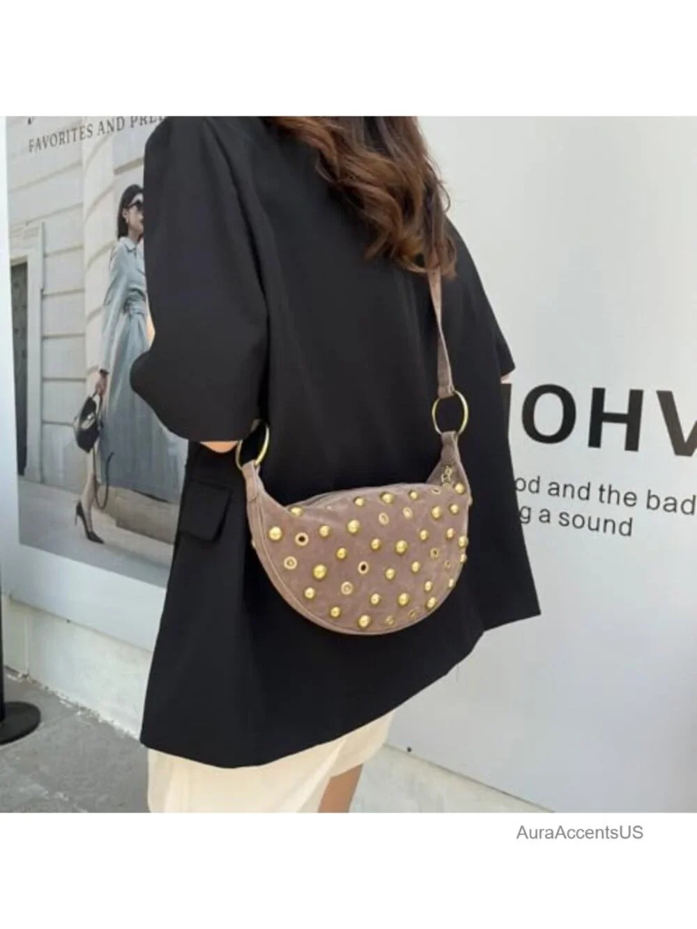 Studded Hobo Crescent Bag Y2K Shoulder Bag Suede Purse for Women